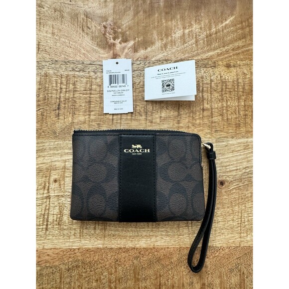 Coach Signature Brown Black Corner Zip Wristlet Wallet F58035 - Picture 1 of 5